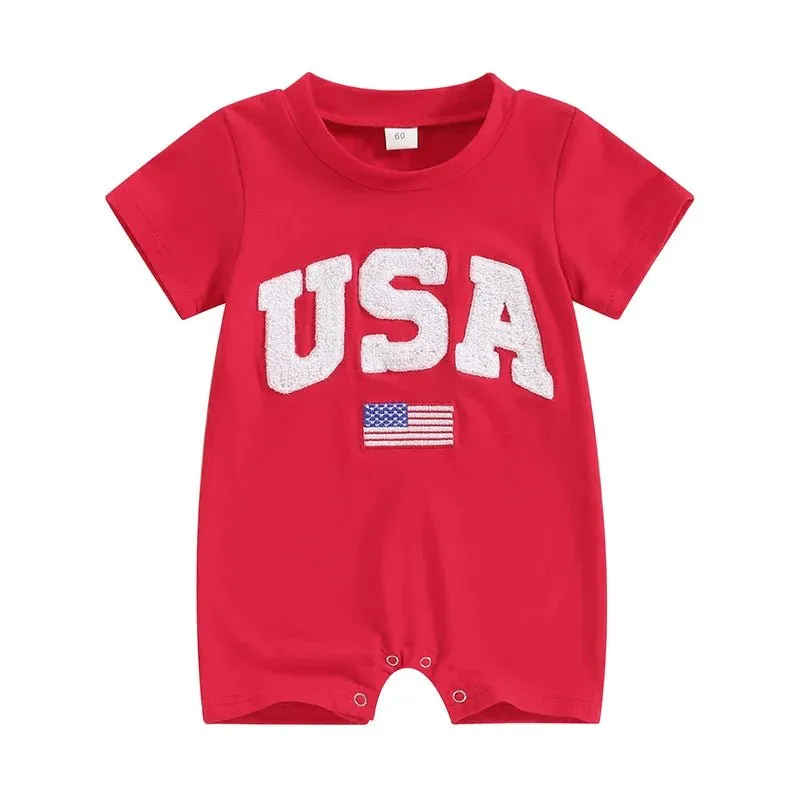 Baby Girls Boys 4th of July USA Romper Fuzzy Letter Flag Embroidery Crew Neck Short Sleeve Jumpsuits