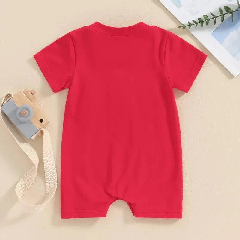 Baby Girls Boys 4th of July USA Romper Fuzzy Letter Flag Embroidery Crew Neck Short Sleeve Jumpsuits