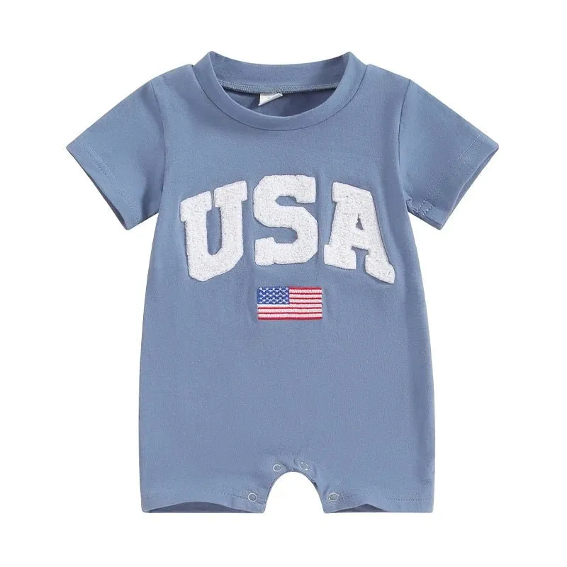 Baby Girls Boys 4th of July USA Romper Fuzzy Letter Flag Embroidery Crew Neck Short Sleeve Jumpsuits