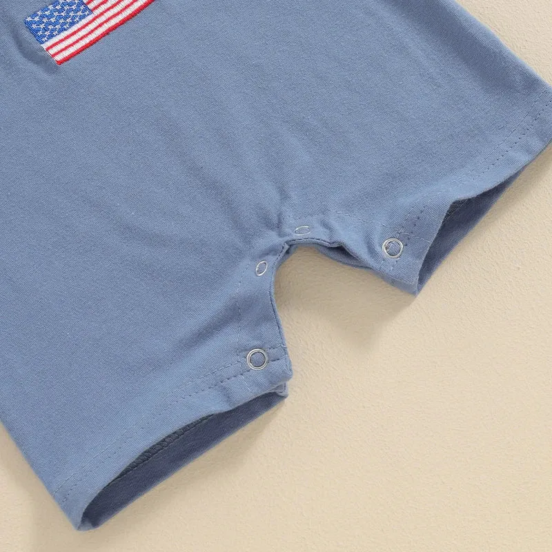 Baby Girls Boys 4th of July USA Romper Fuzzy Letter Flag Embroidery Crew Neck Short Sleeve Jumpsuits