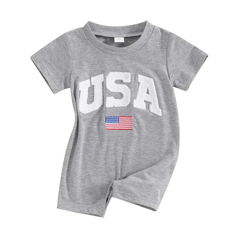 Baby Girls Boys 4th of July USA Romper Fuzzy Letter Flag Embroidery Crew Neck Short Sleeve Jumpsuits