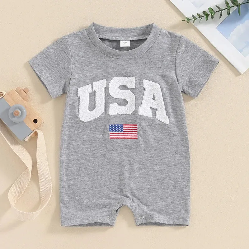 Baby Girls Boys 4th of July USA Romper Fuzzy Letter Flag Embroidery Crew Neck Short Sleeve Jumpsuits