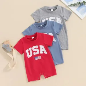 Baby Girls Boys 4th of July USA Romper Fuzzy Letter Flag Embroidery Crew Neck Short Sleeve Jumpsuits