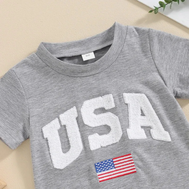 Baby Girls Boys 4th of July USA Romper Fuzzy Letter Flag Embroidery Crew Neck Short Sleeve Jumpsuits