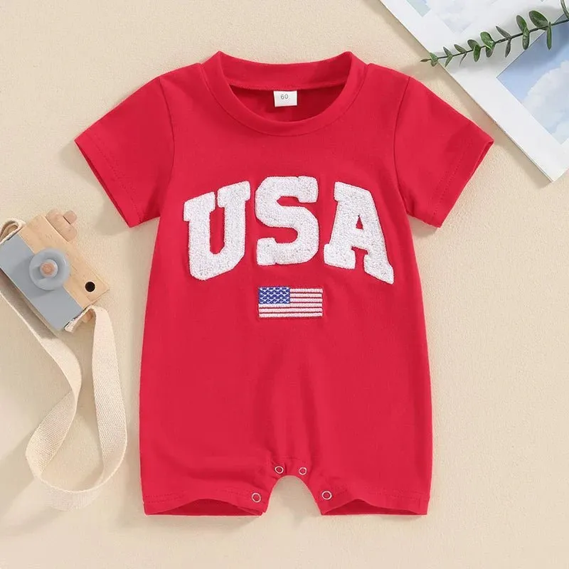 Baby Girls Boys 4th of July USA Romper Fuzzy Letter Flag Embroidery Crew Neck Short Sleeve Jumpsuits