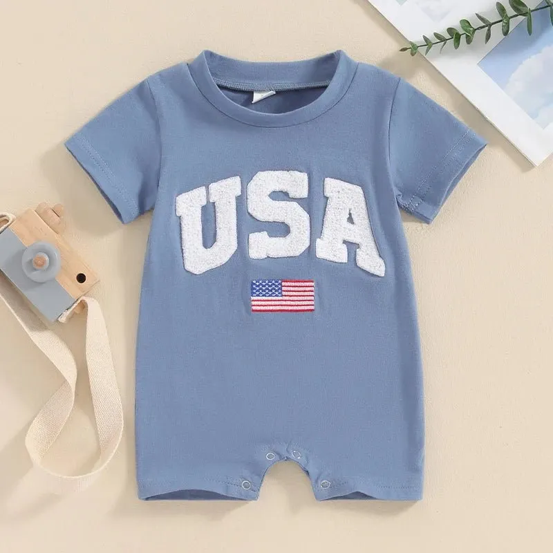 Baby Girls Boys 4th of July USA Romper Fuzzy Letter Flag Embroidery Crew Neck Short Sleeve Jumpsuits