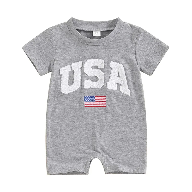 Baby Girls Boys 4th of July USA Romper Fuzzy Letter Flag Embroidery Crew Neck Short Sleeve Jumpsuits