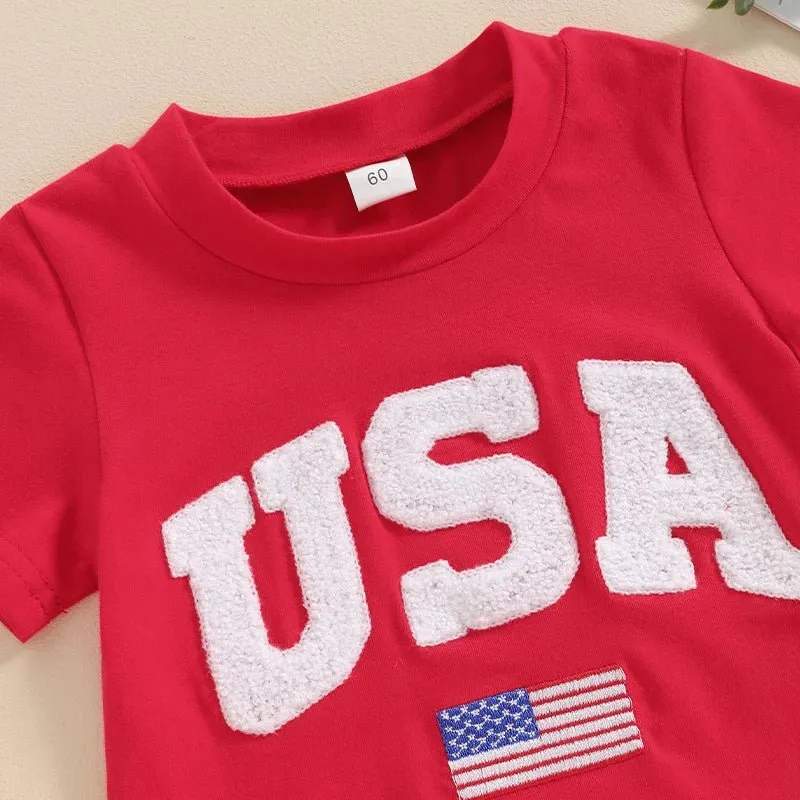 Baby Girls Boys 4th of July USA Romper Fuzzy Letter Flag Embroidery Crew Neck Short Sleeve Jumpsuits