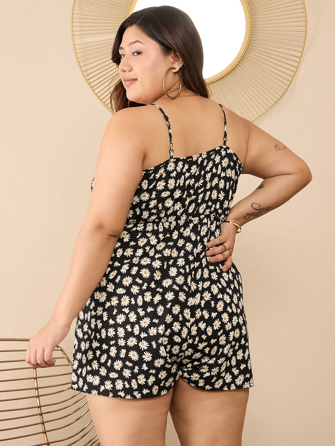 Berrylush Curve Women Black Floral Print Shoulder Straps Mini Jumpsuit