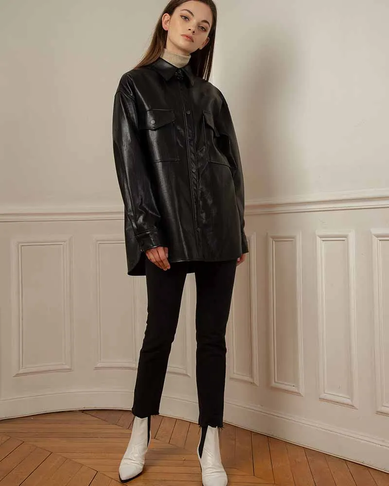 BLACK VEGAN LEATHER SHIRT