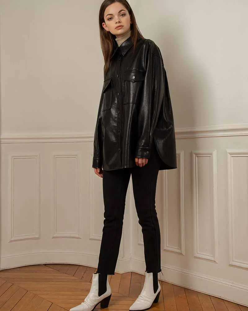 BLACK VEGAN LEATHER SHIRT