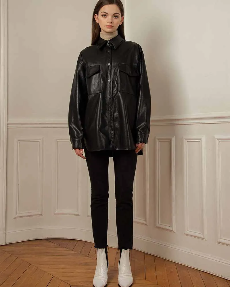 BLACK VEGAN LEATHER SHIRT