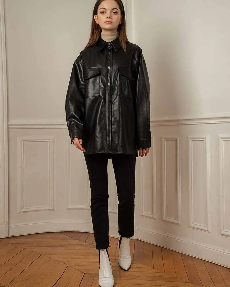 BLACK VEGAN LEATHER SHIRT