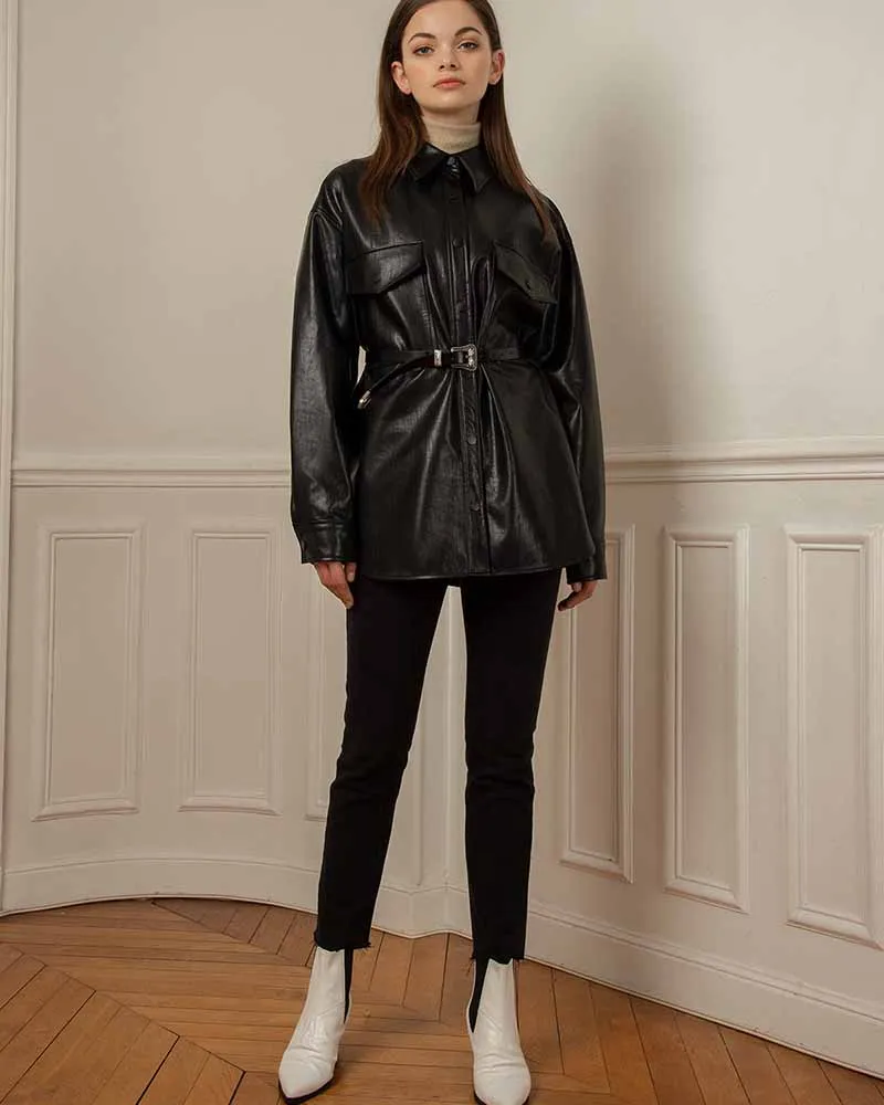 BLACK VEGAN LEATHER SHIRT