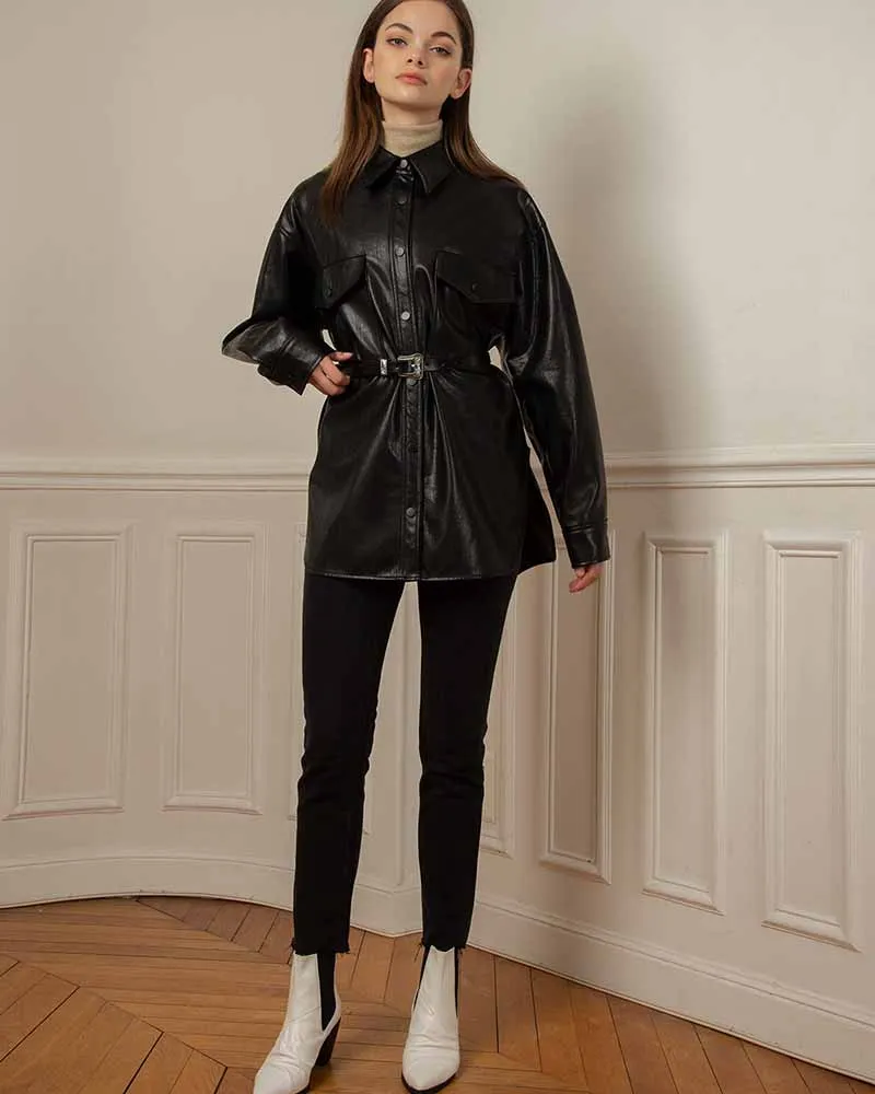 BLACK VEGAN LEATHER SHIRT