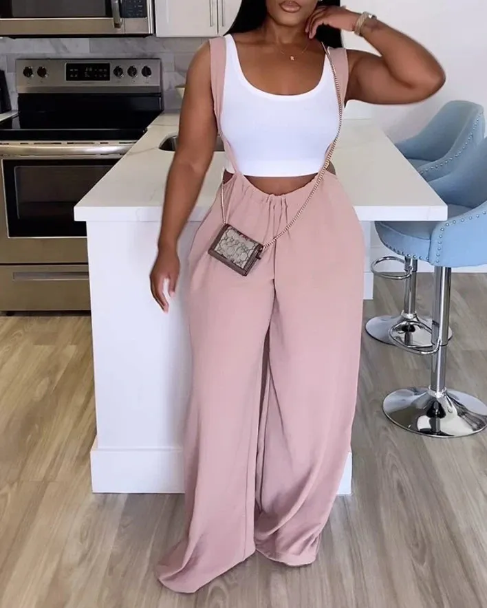 Casual Pink Overalls for Women 2024 Summer Sleeveless Drawstring Wide Leg Suspender High Waist Pocket Design Women's Jumpsuit