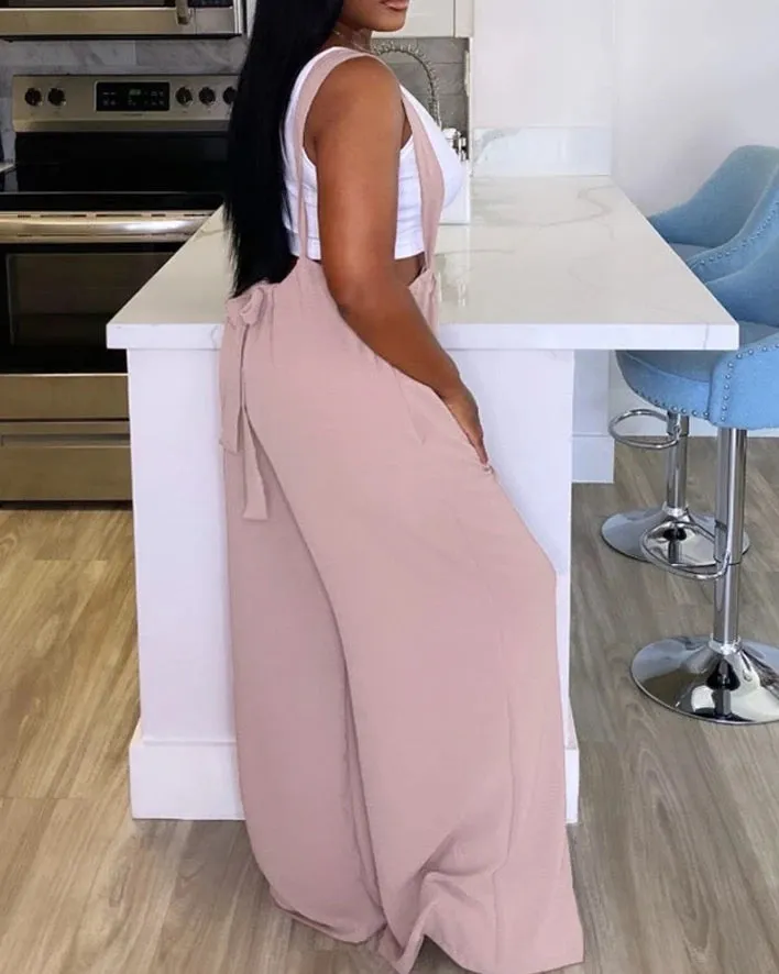 Casual Pink Overalls for Women 2024 Summer Sleeveless Drawstring Wide Leg Suspender High Waist Pocket Design Women's Jumpsuit