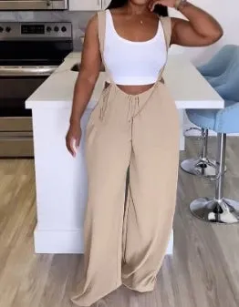 Casual Pink Overalls for Women 2024 Summer Sleeveless Drawstring Wide Leg Suspender High Waist Pocket Design Women's Jumpsuit