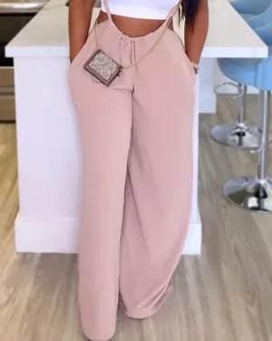 Casual Pink Overalls for Women 2024 Summer Sleeveless Drawstring Wide Leg Suspender High Waist Pocket Design Women's Jumpsuit