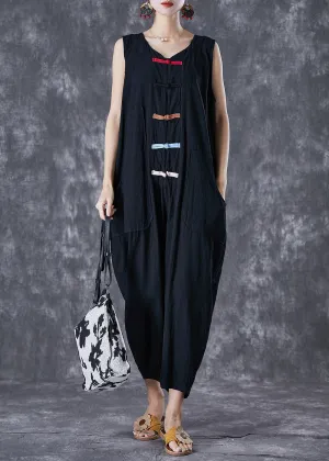 Classy Black Chinese Button Pockets Linen Jumpsuits Sleeveless