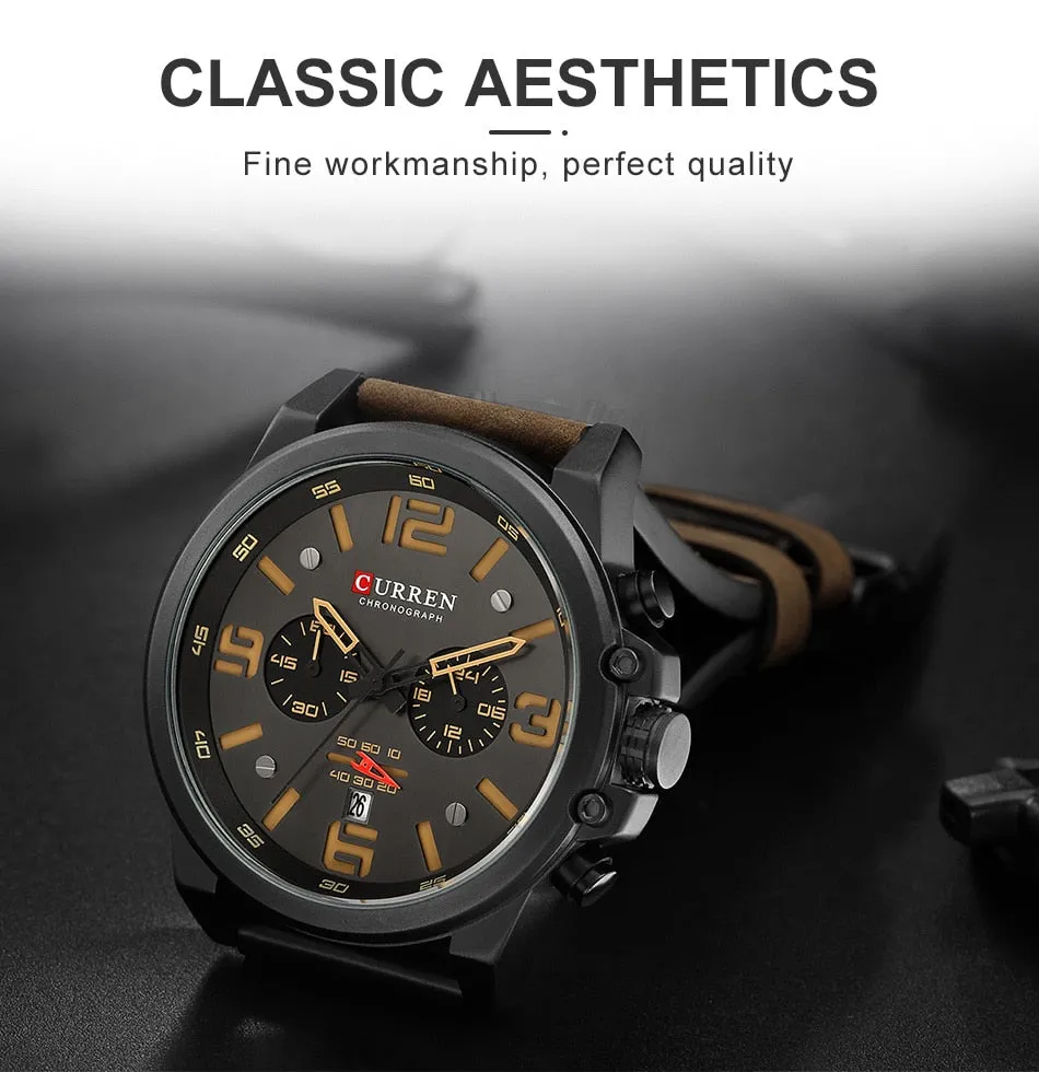 CURREN Mens Watches Top Luxury Brand Waterproof Sport Wrist Watch Chronograph Quartz Military Leather Relogio Masculino