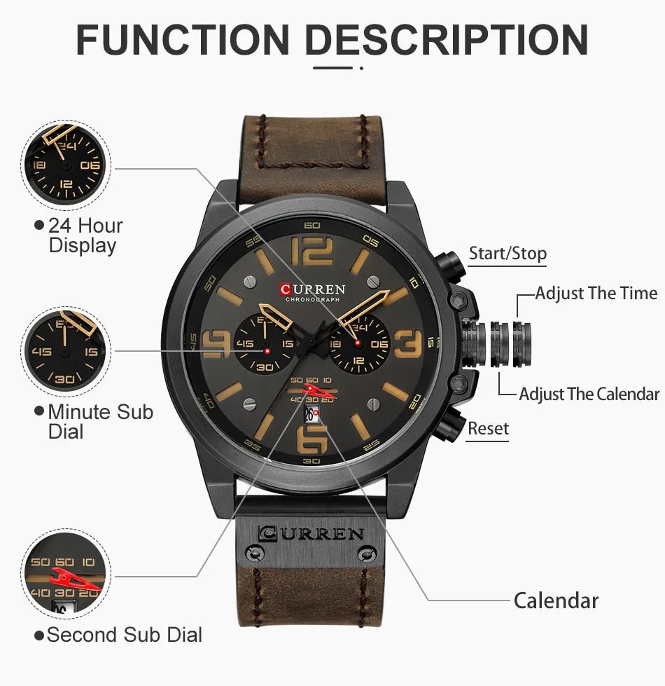 CURREN Mens Watches Top Luxury Brand Waterproof Sport Wrist Watch Chronograph Quartz Military Leather Relogio Masculino