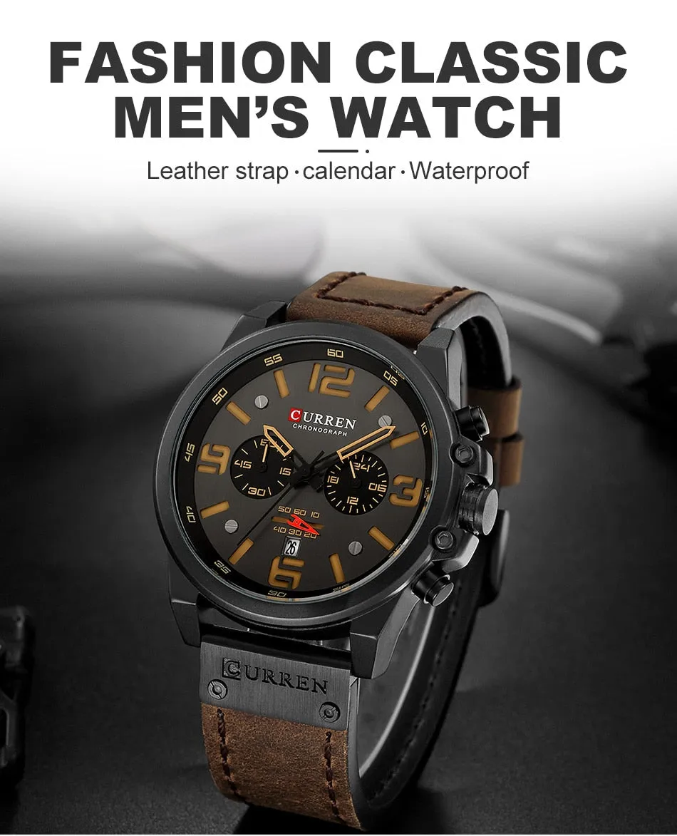 CURREN Mens Watches Top Luxury Brand Waterproof Sport Wrist Watch Chronograph Quartz Military Leather Relogio Masculino
