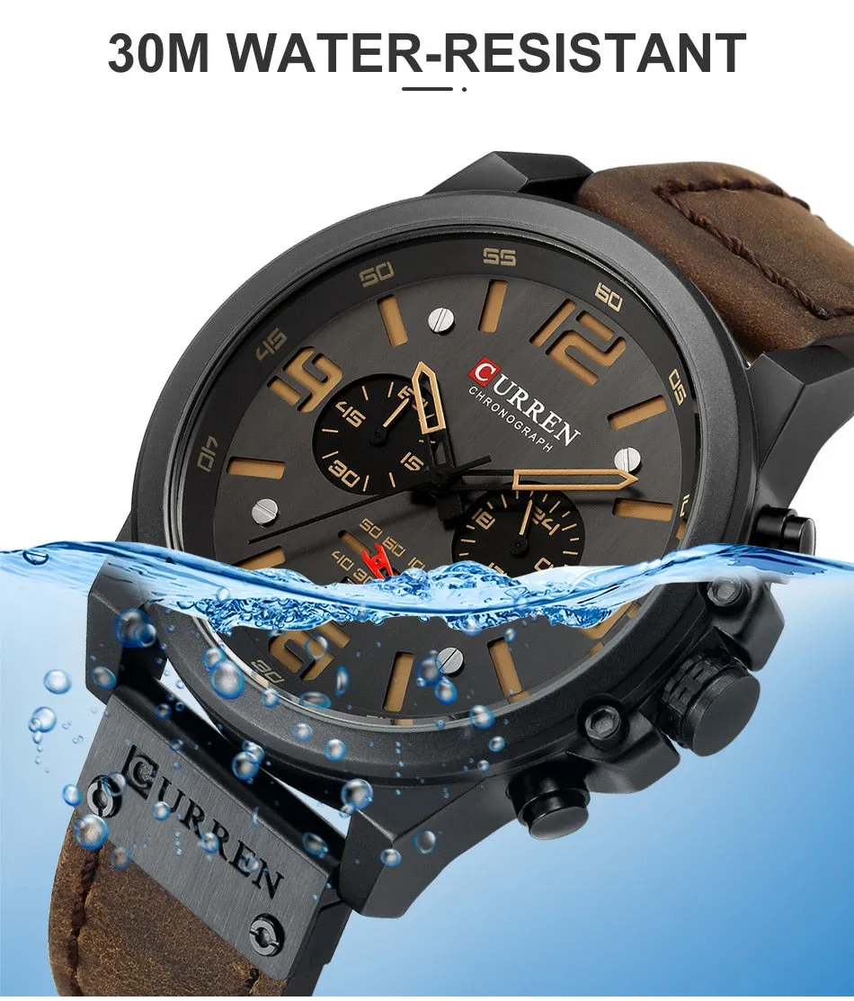 CURREN Mens Watches Top Luxury Brand Waterproof Sport Wrist Watch Chronograph Quartz Military Leather Relogio Masculino