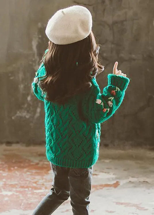 Cute Green V Neck Button Patchwork Knit Girls Cardigans Fall ML0044