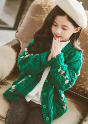 Cute Green V Neck Button Patchwork Knit Girls Cardigans Fall ML0044
