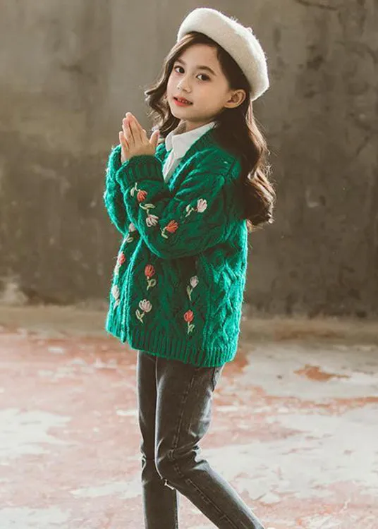 Cute Green V Neck Button Patchwork Knit Girls Cardigans Fall ML0044