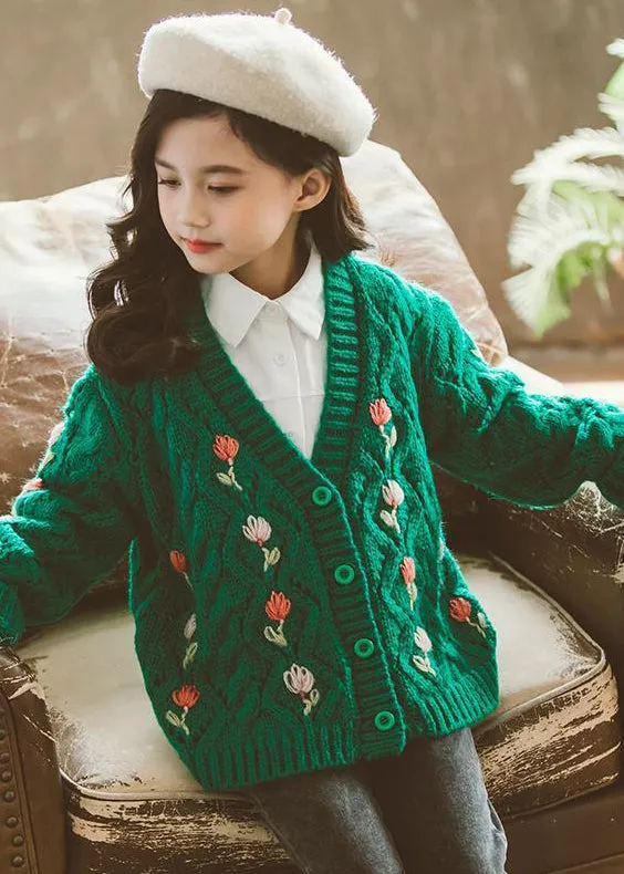 Cute Green V Neck Button Patchwork Knit Girls Cardigans Fall ML0044