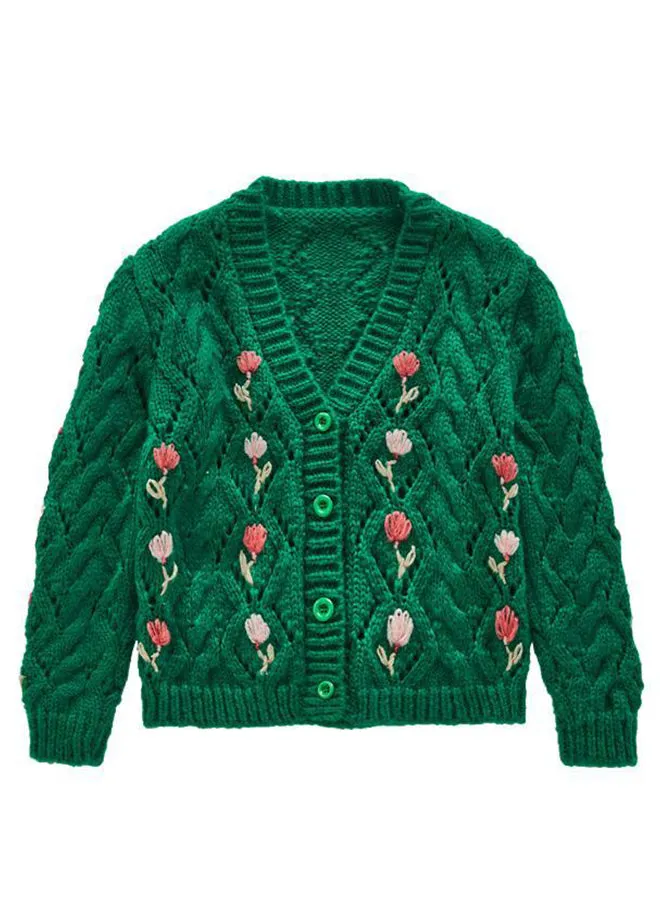 Cute Green V Neck Button Patchwork Knit Girls Cardigans Fall ML0044