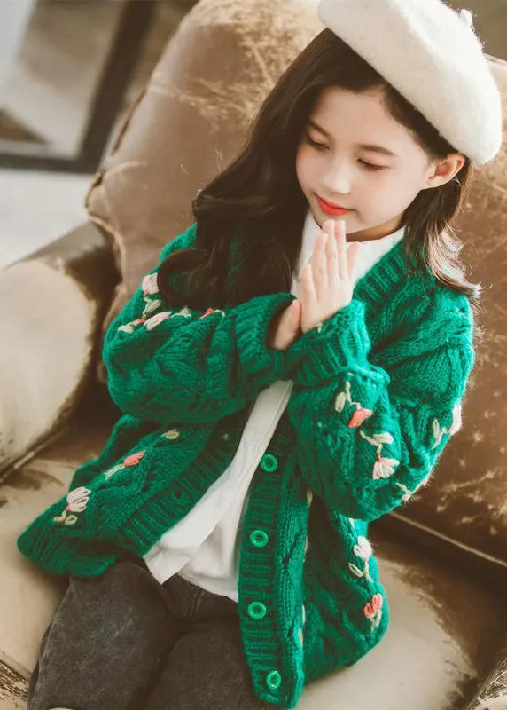 Cute Green V Neck Button Patchwork Knit Girls Cardigans Fall ML0044