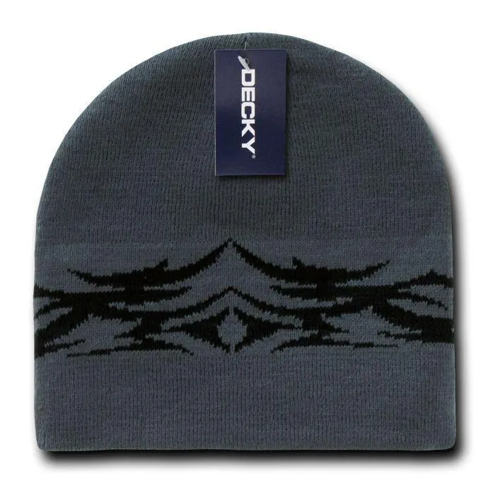 Decky Tribal Design Beanies Caps Hats Knitted Ski Skull Winter Black Charcoal