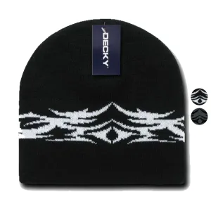 Decky Tribal Design Beanies Caps Hats Knitted Ski Skull Winter Black Charcoal