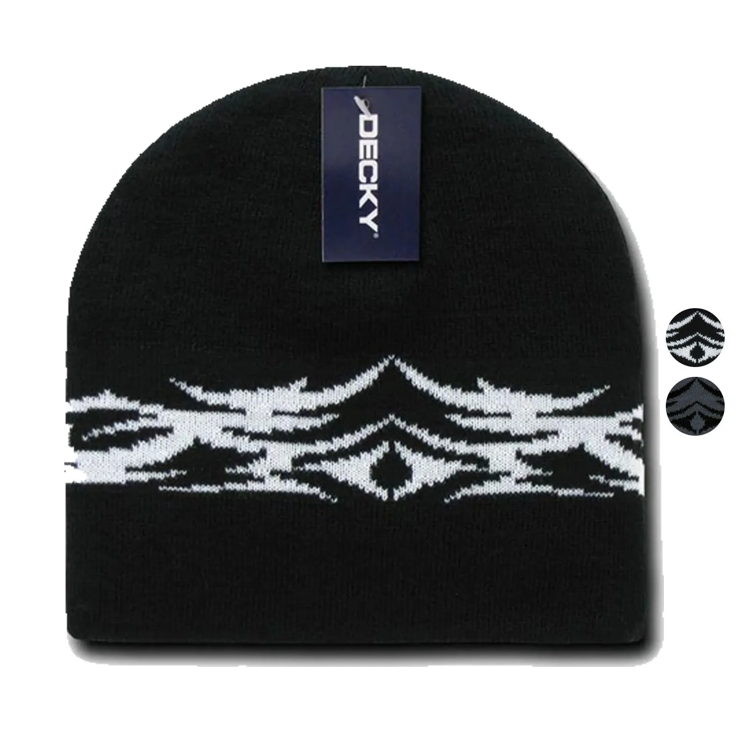 Decky Tribal Design Beanies Caps Hats Knitted Ski Skull Winter Black Charcoal