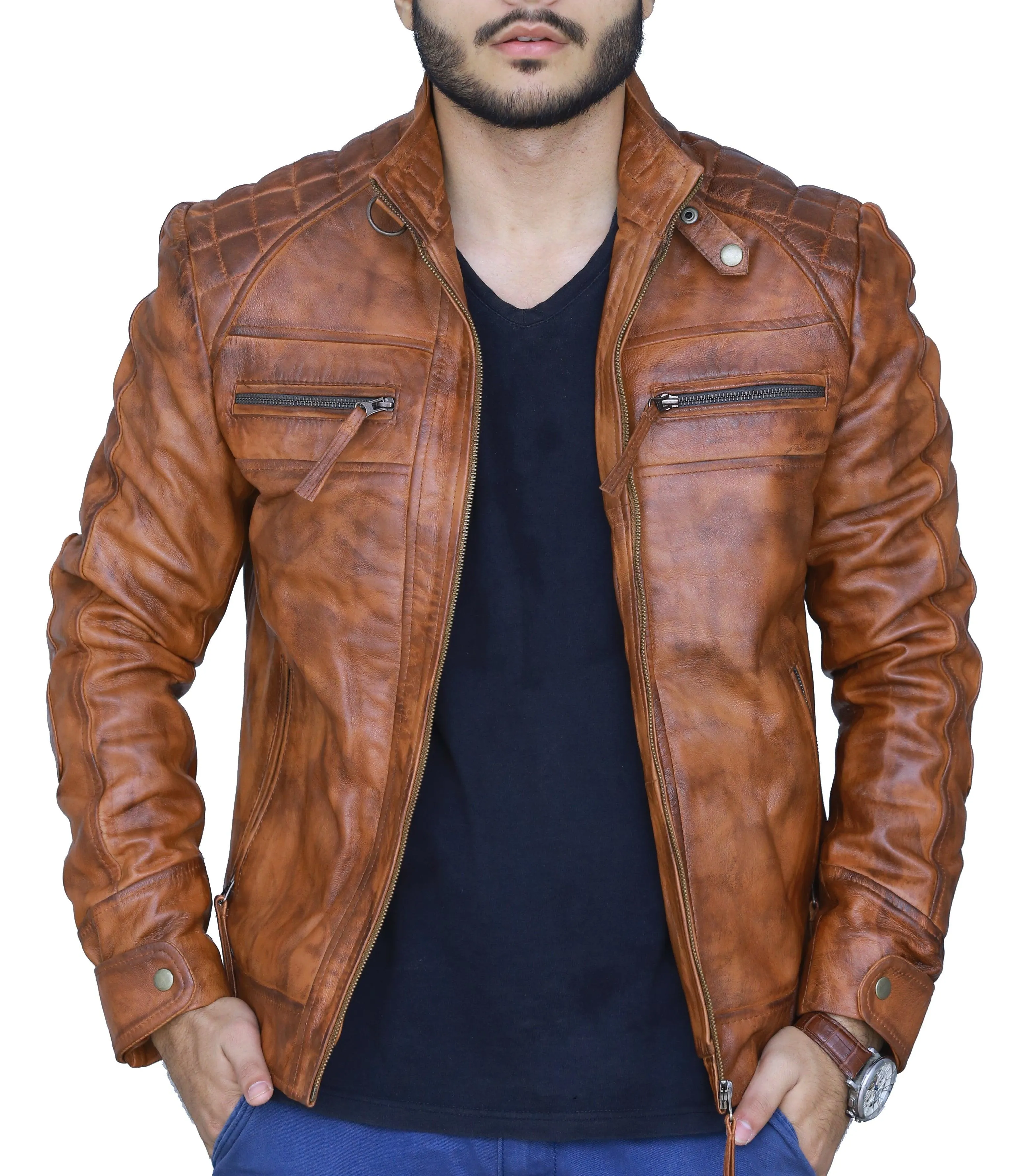 Diamond Classic Leather Jacket - Tan Brown