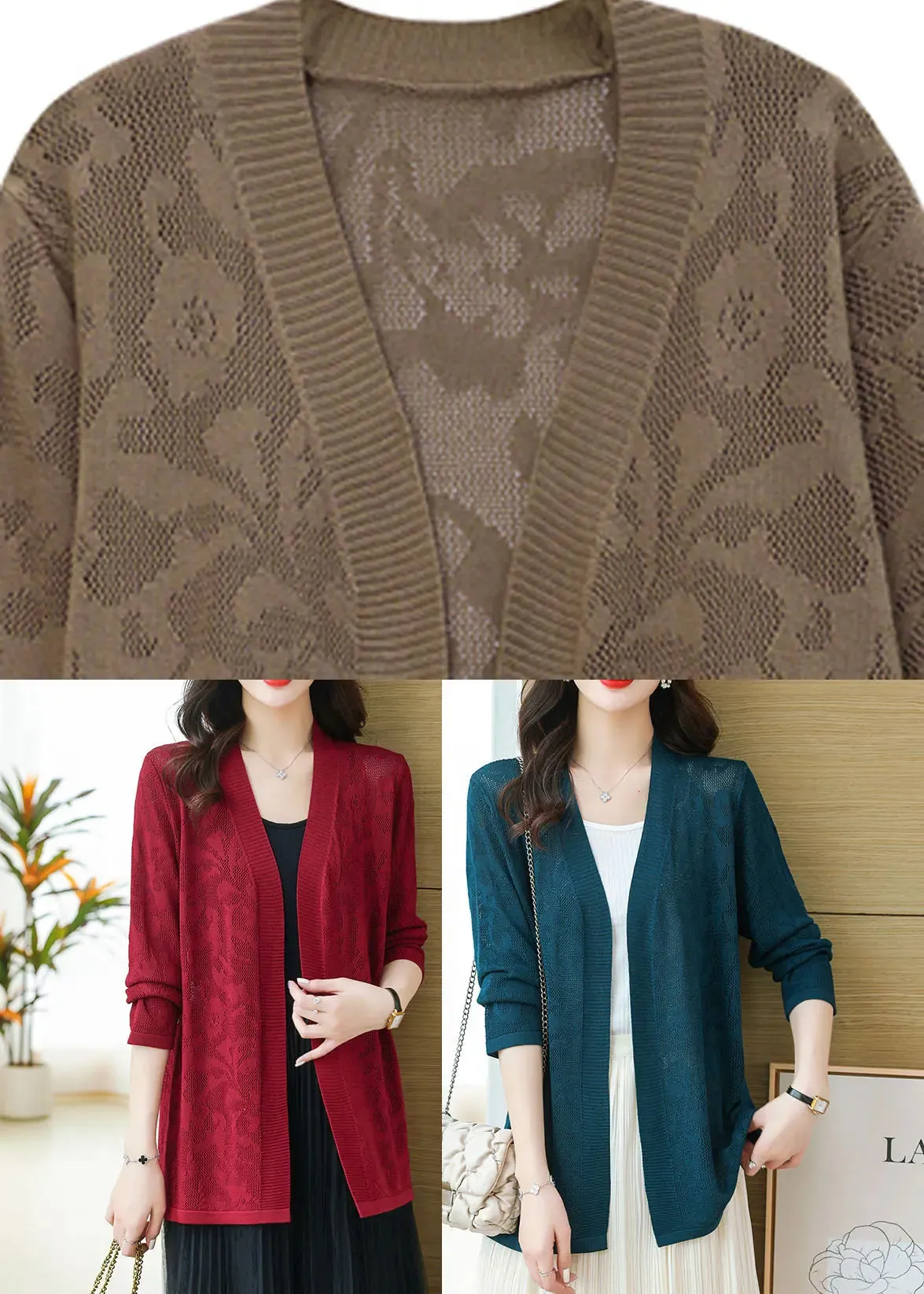 DIY Blackish Green V Neck Thin Knit Cardigans Long Sleeve LY8102