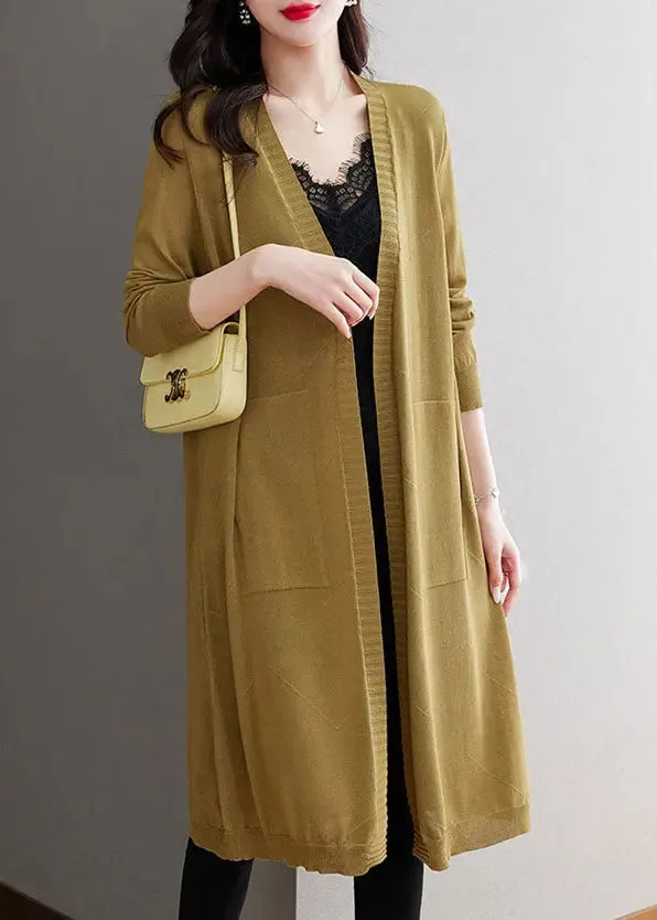 Elegant Matcha Colour V Neck Pockets Long Ice Size Knit Cardigans Long Sleeve LY8126