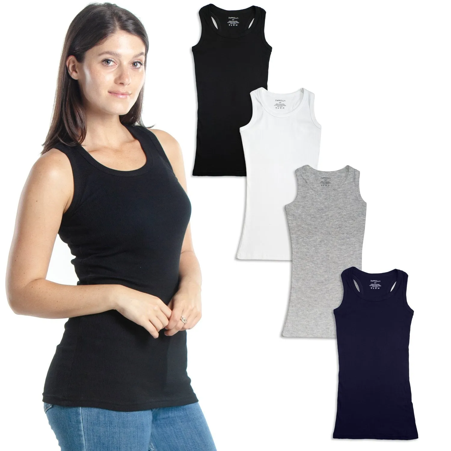 Emprella Tank Tops for Women, 4 Pack Ribbed Racerback Tanks (Medium)