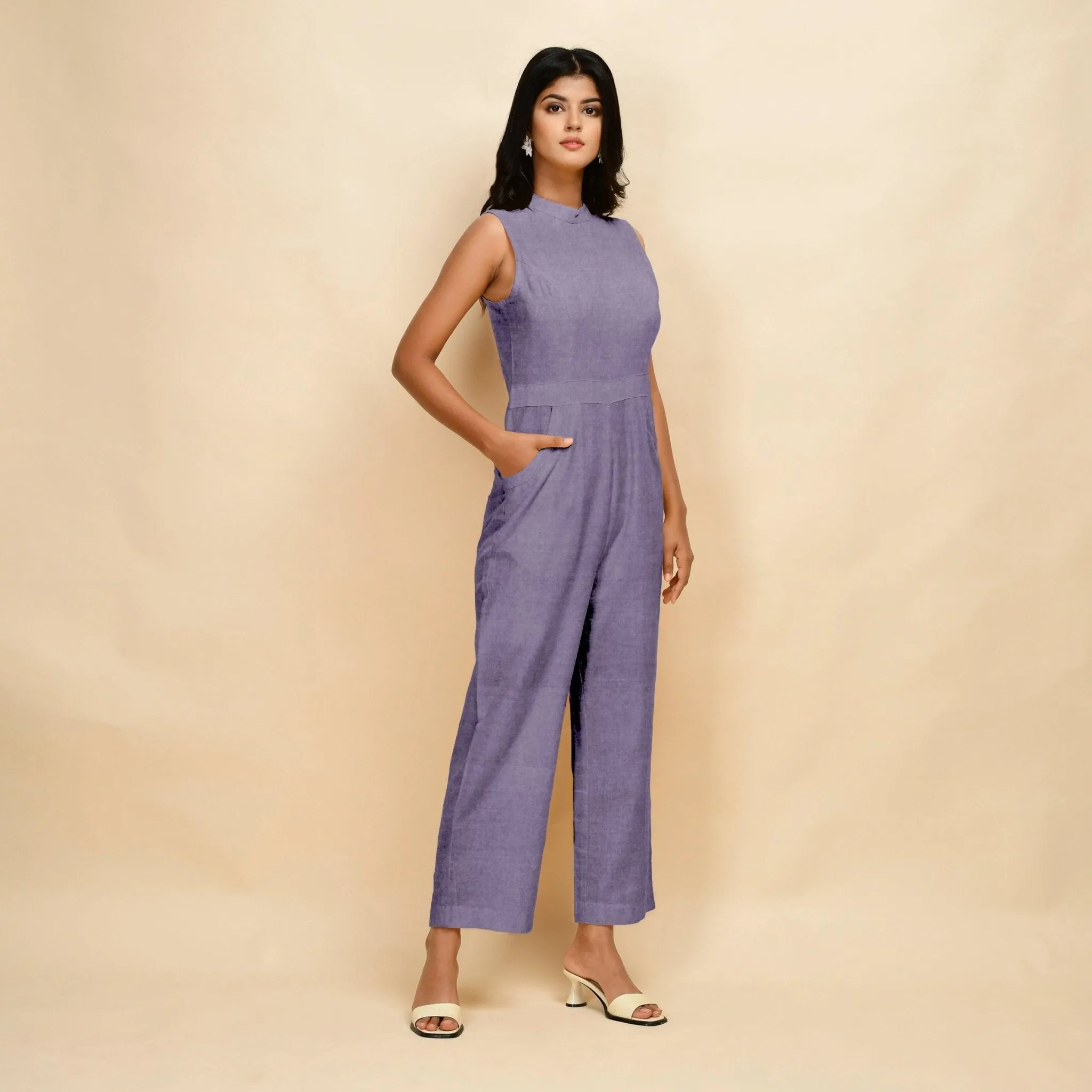 Lavender 100% Linen Princess Line Stand Collar Jumpsuit