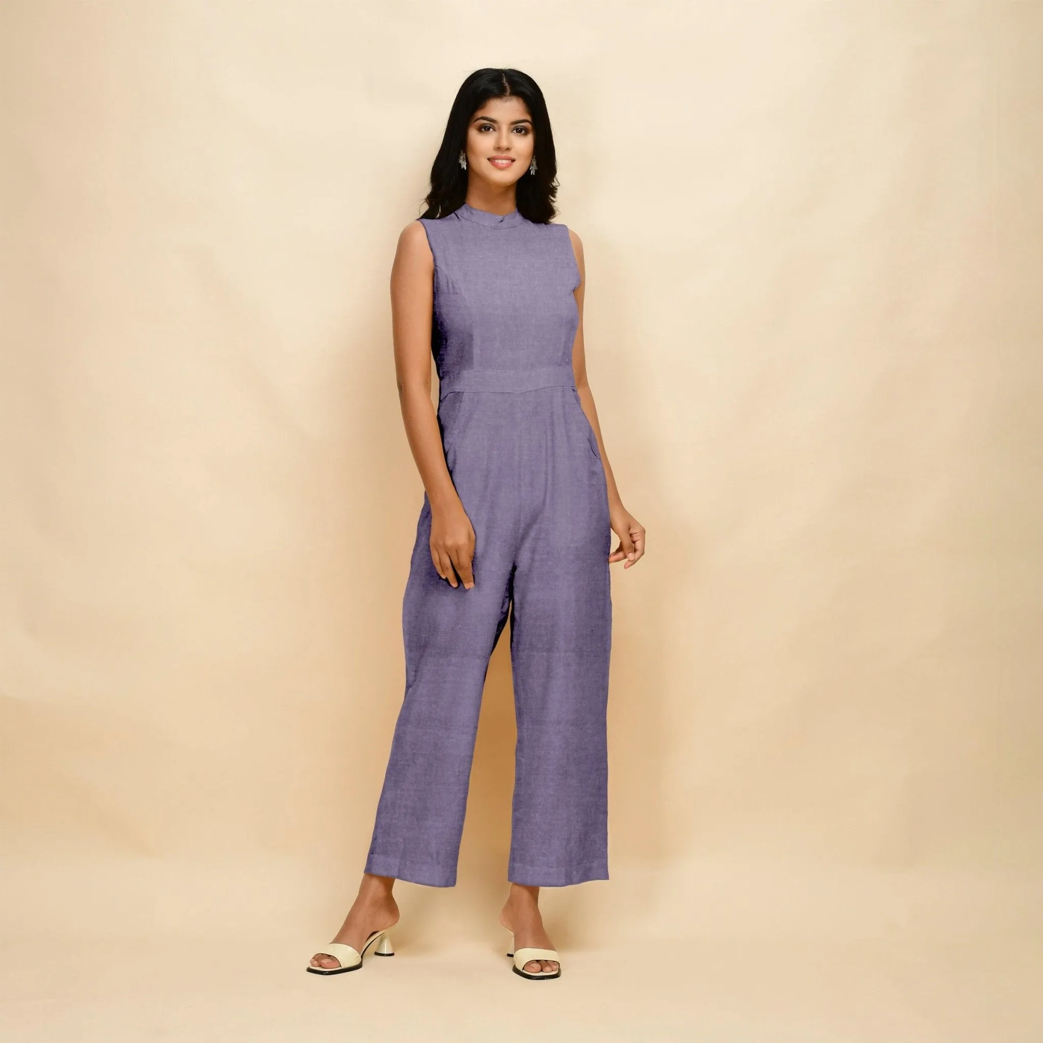 Lavender 100% Linen Princess Line Stand Collar Jumpsuit