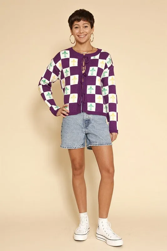 Mardi gras checkered tie front cardigans