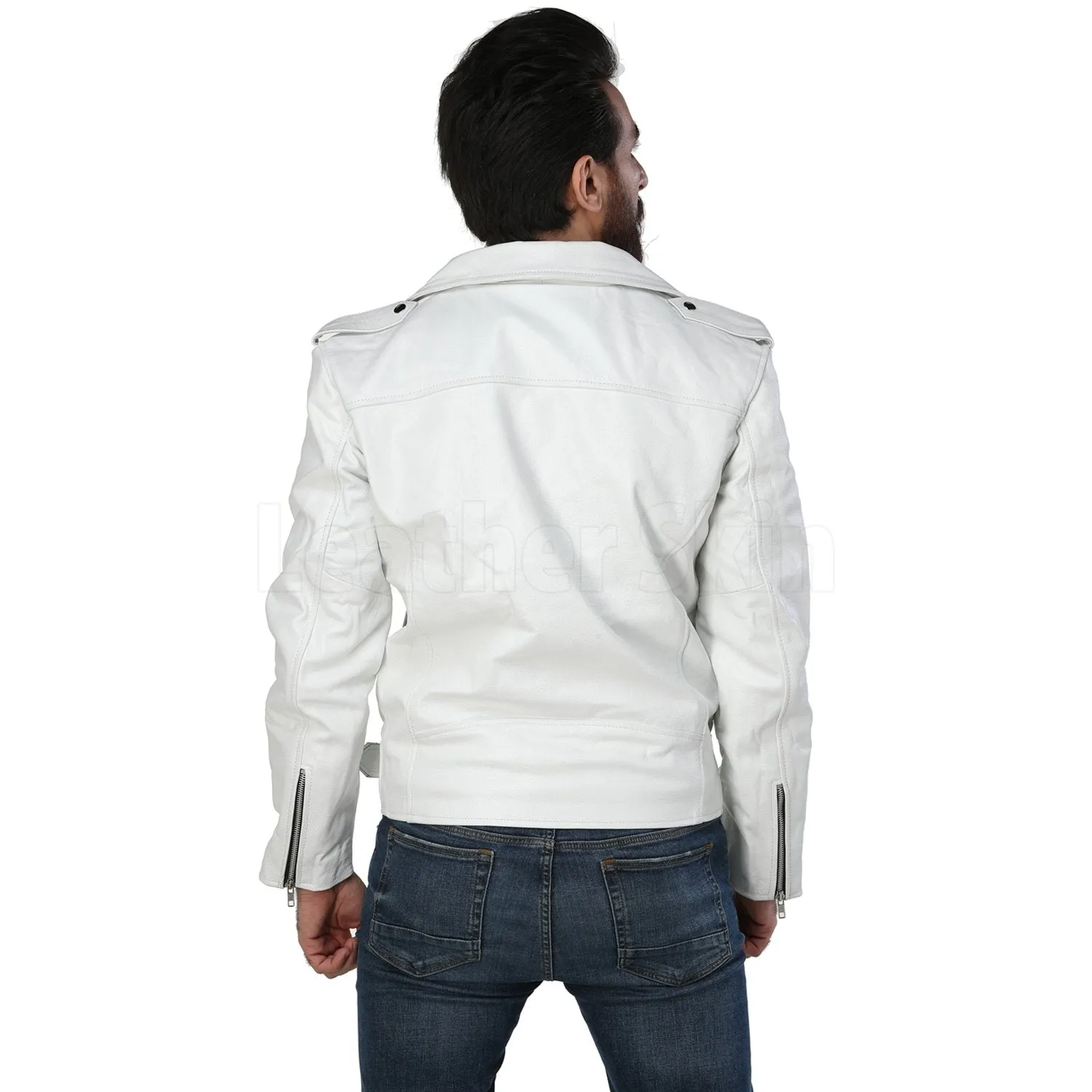 Men White Biker Leather Jacket