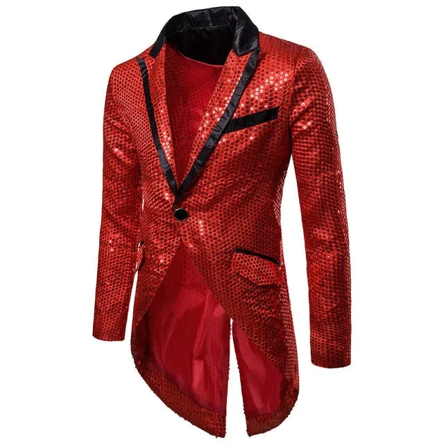 Men's Blazer Tail Sequin Casual Slim Fit Formal One Button Suit Coat collar Jacket