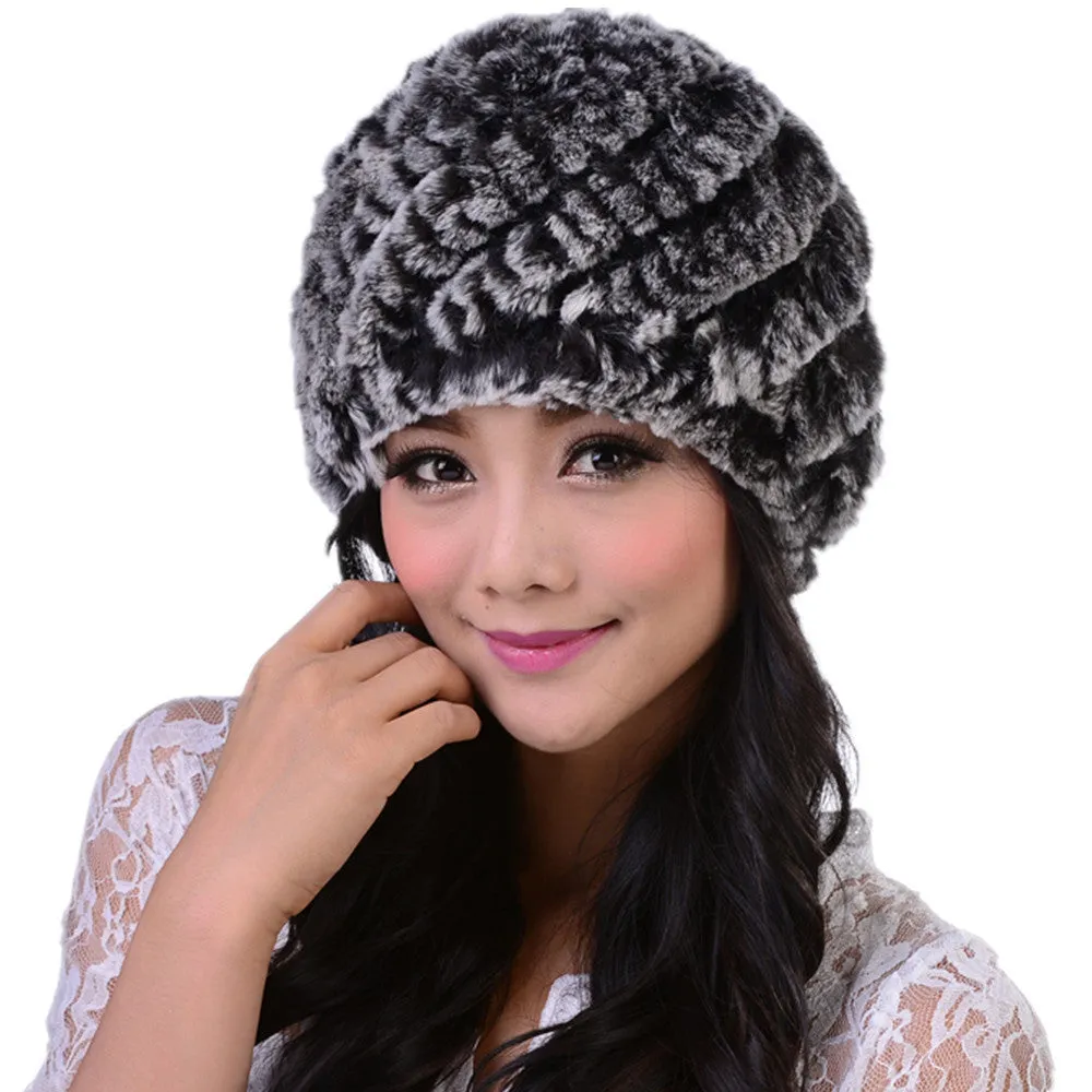 New Style Genuine Knitted Rex Rabbit Fur Hat Natural Rabbit Stripe Fur Caps Fashion Women Beanie Headgear Various Colors