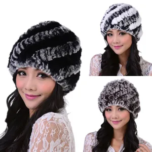 New Style Genuine Knitted Rex Rabbit Fur Hat Natural Rabbit Stripe Fur Caps Fashion Women Beanie Headgear Various Colors