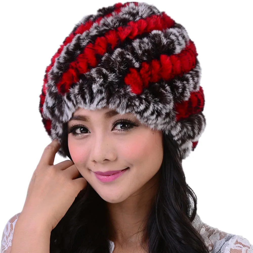 New Style Genuine Knitted Rex Rabbit Fur Hat Natural Rabbit Stripe Fur Caps Fashion Women Beanie Headgear Various Colors