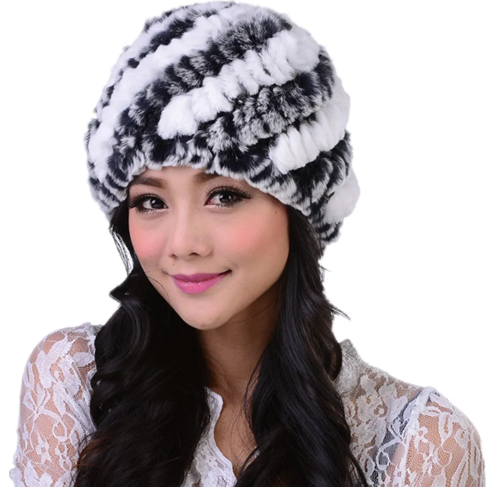 New Style Genuine Knitted Rex Rabbit Fur Hat Natural Rabbit Stripe Fur Caps Fashion Women Beanie Headgear Various Colors